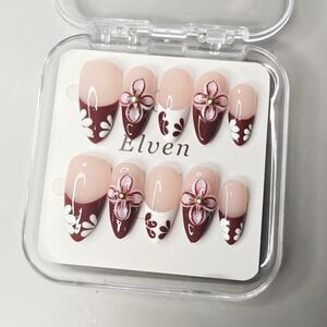 Burgundy and White Floral Handmade Press On Nails Medium Almond